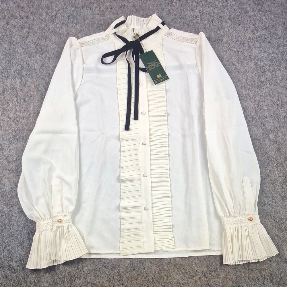 Holland Cooper Cream Ruffle-Front Blouse with Black Ribbon Neck Tie
